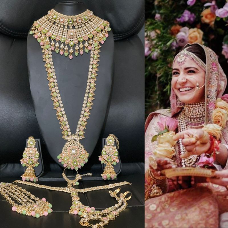 Full Bridal Set- Kundan Bridal Jewellery Set Mint Pink & Green