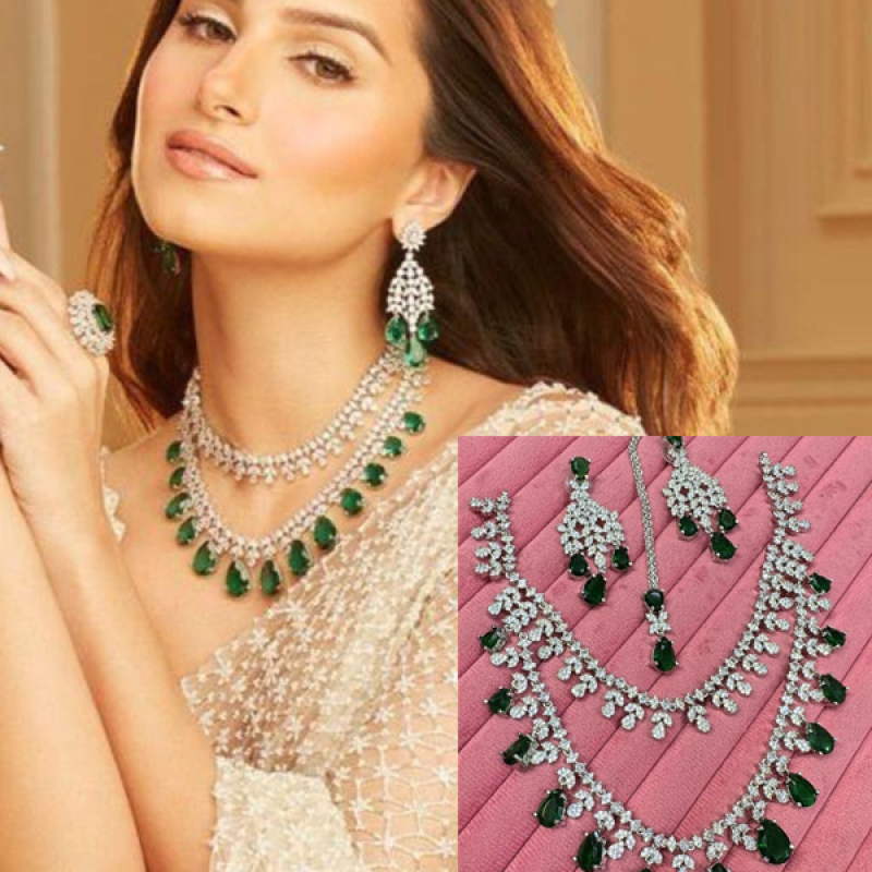 Tara Sutaria Inspired Necklace Set- CZ Necklace With Earrings & Mangtika