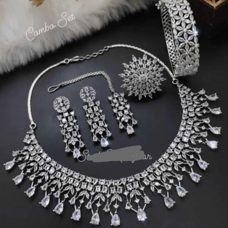 Combo Necklace Set With Earrings, Mangtika, Ring & Bracelet- CZ Necklace Combo