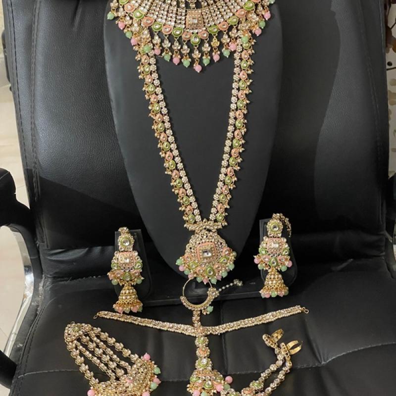 Full Bridal Set- Kundan Bridal Jewellery Set Mint Pink & Green