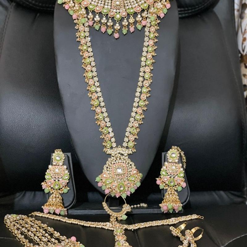 Full Bridal Set- Kundan Bridal Jewellery Set Mint Pink & Green