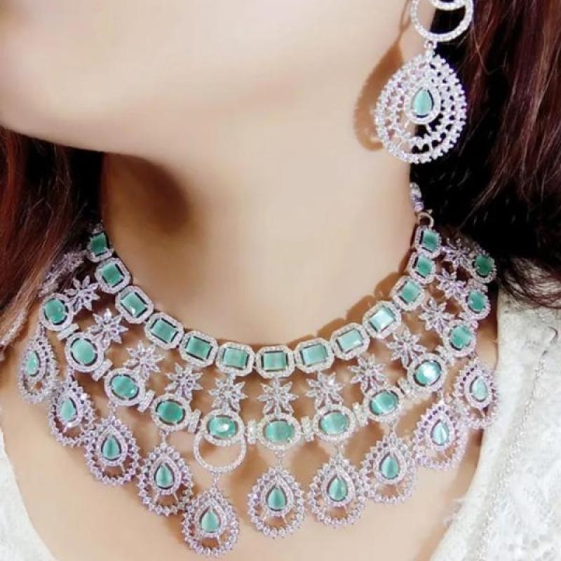 AD Necklace- Bridal Jewellery- CZ Necklace Green