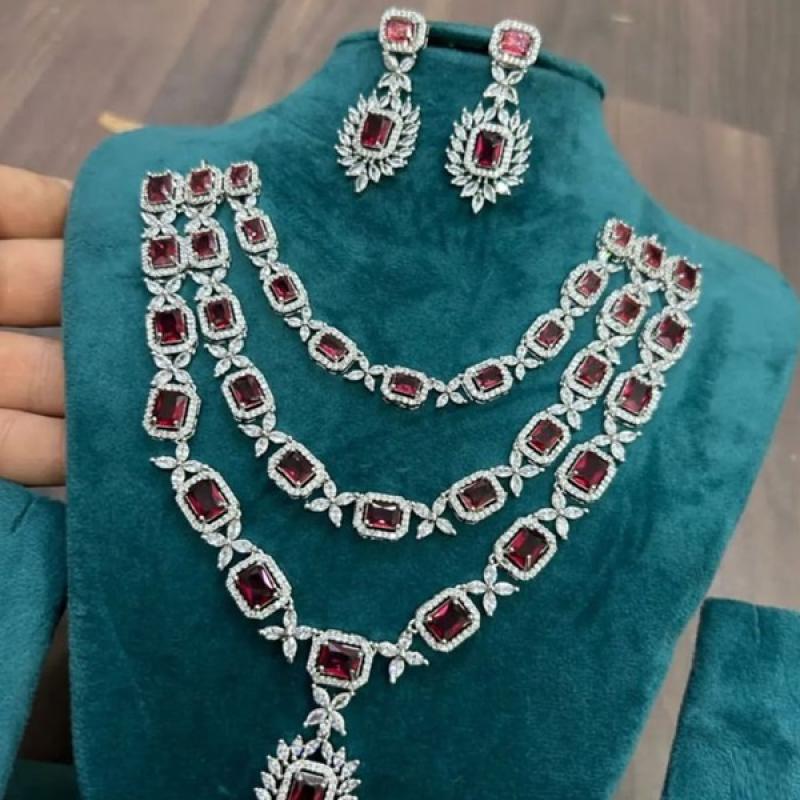 Red CZ Necklace- Layered Necklace- AD Necklace