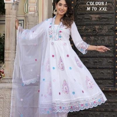 White Cotton Designer Anarkali Suit 3Pc Set