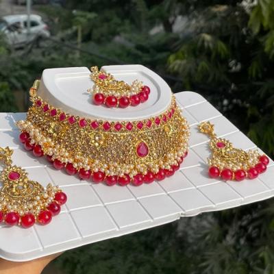 Gold & Red Choker Set With Earrings & Mangtika