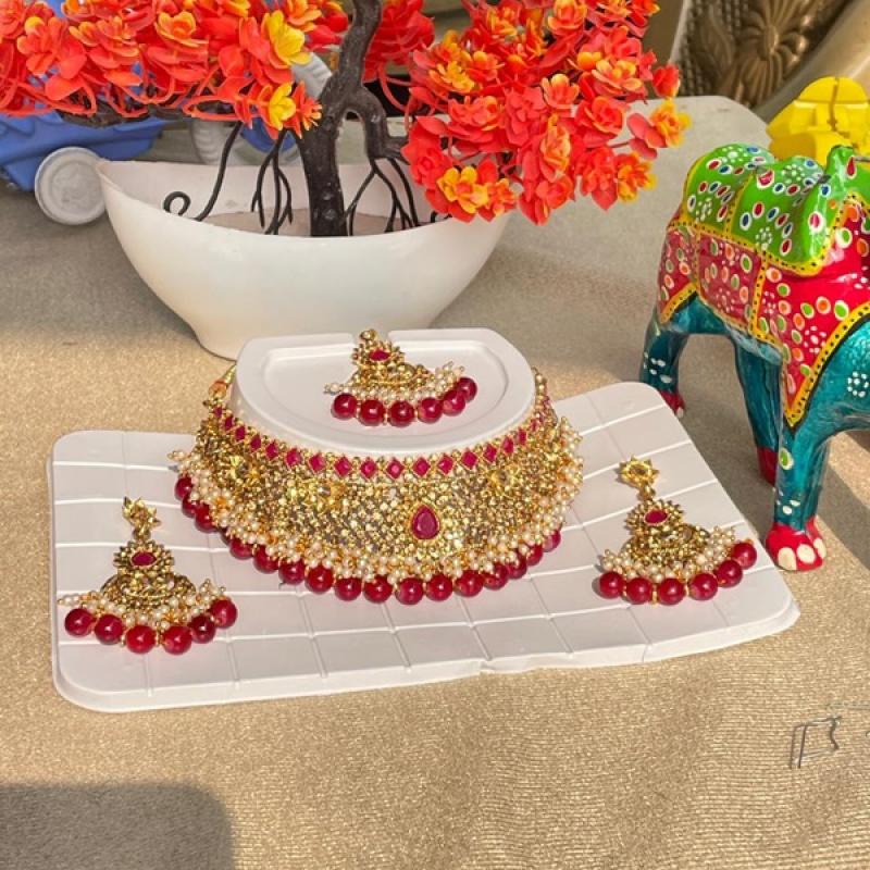 Gold & Red Choker Set With Earrings & Mangtika