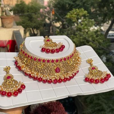 Gold & Red Choker Set With Earrings & Mangtika