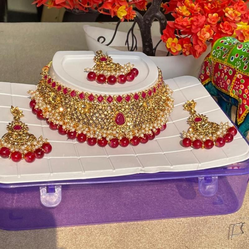 Gold & Red Choker Set With Earrings & Mangtika