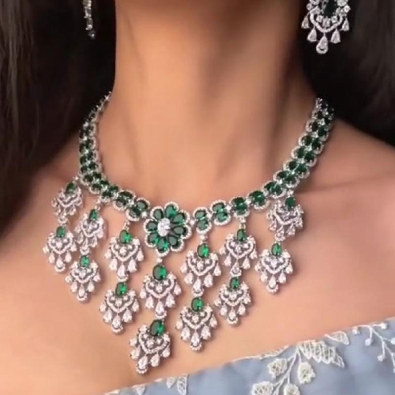 CZ Diamond emerald Necklace- Bollywood Style AD Jewellery Set