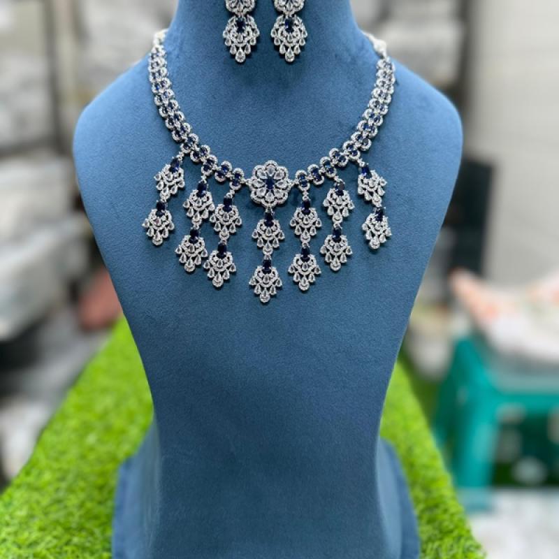 CZ Diamond emerald Necklace- Bollywood Style AD Jewellery Set