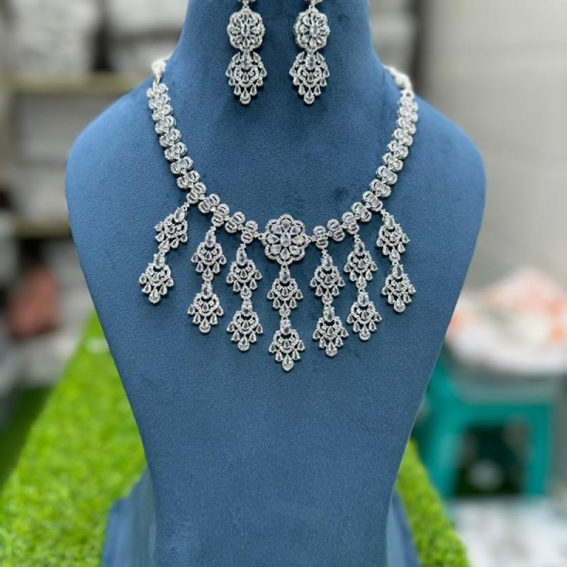 CZ Diamond emerald Necklace- Bollywood Style AD Jewellery Set