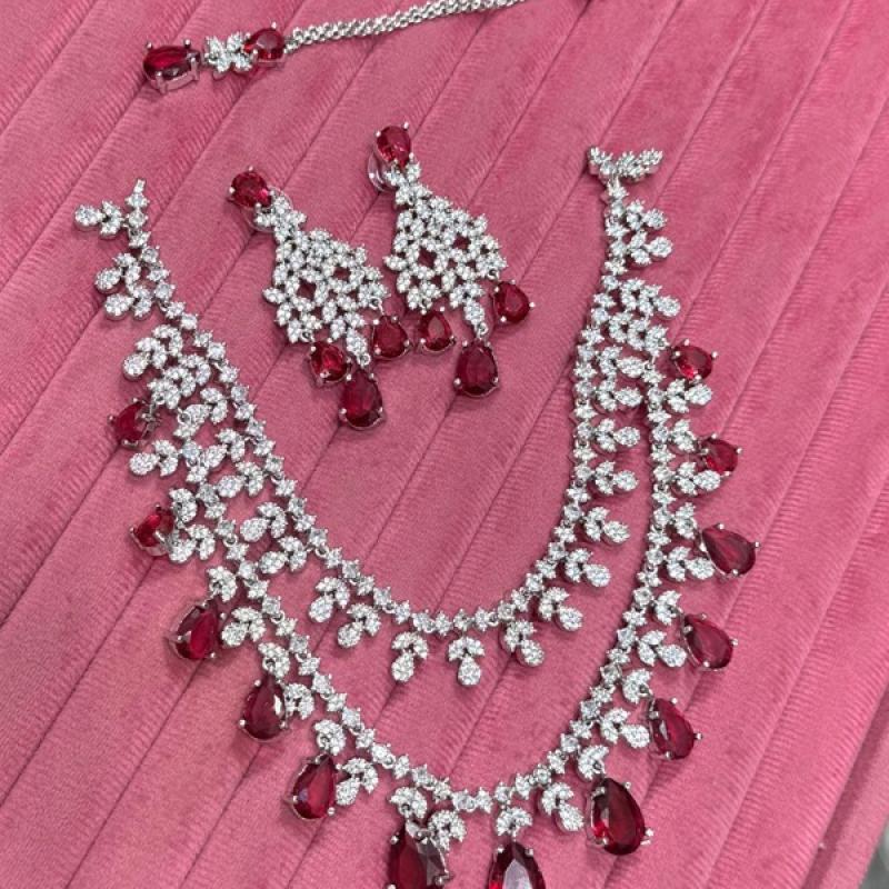 Tara Sutaria Inspired Necklace Set- CZ Necklace With Earrings & Mangtika